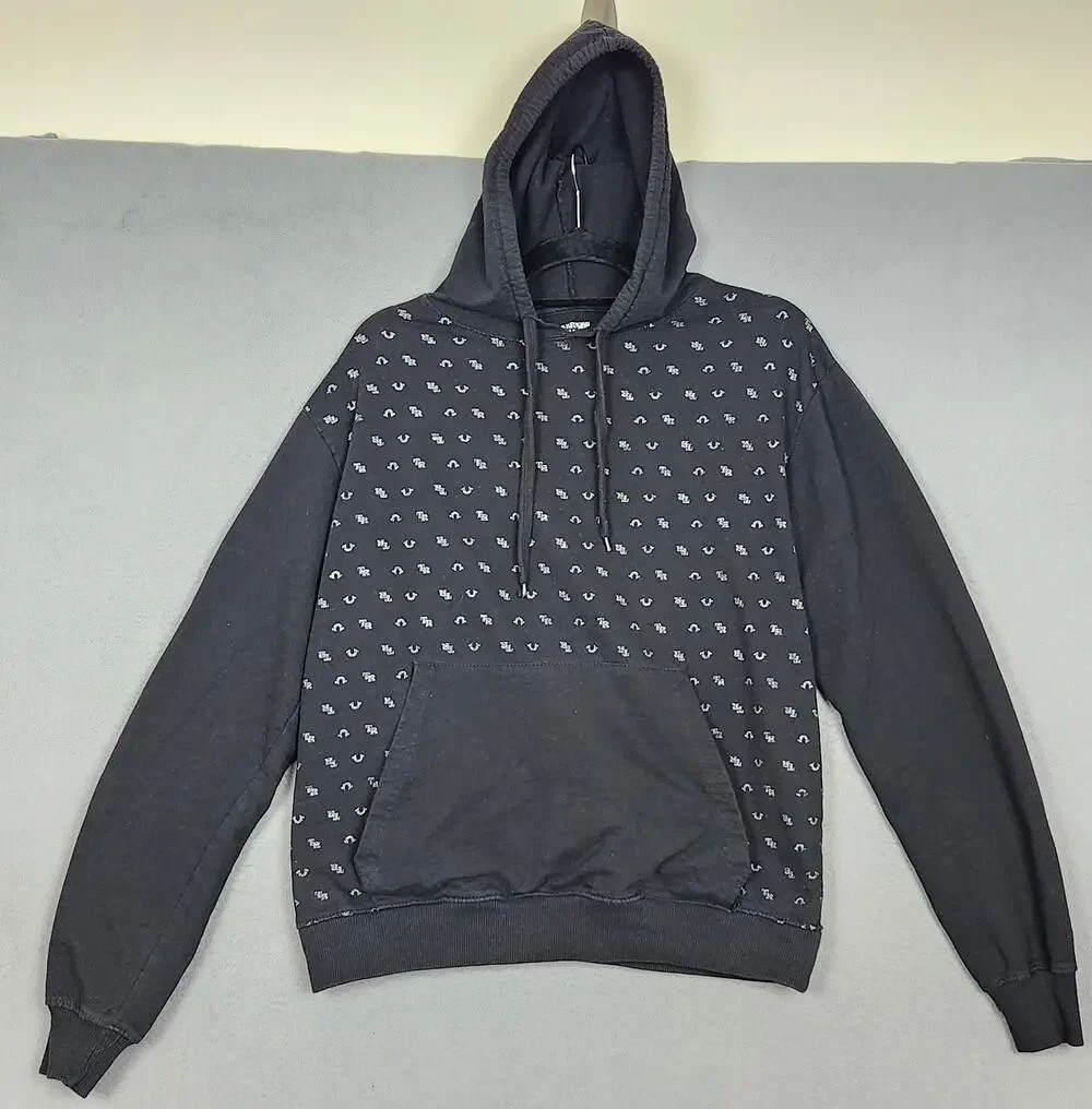 TRUE RELIGION Hoodie Mens Large Black Kangaroo Pocket AOP Activewear